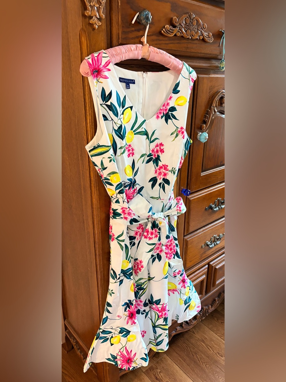 Talbots White Floral Lemon V-Neck Tie-Waist Mini Dress
